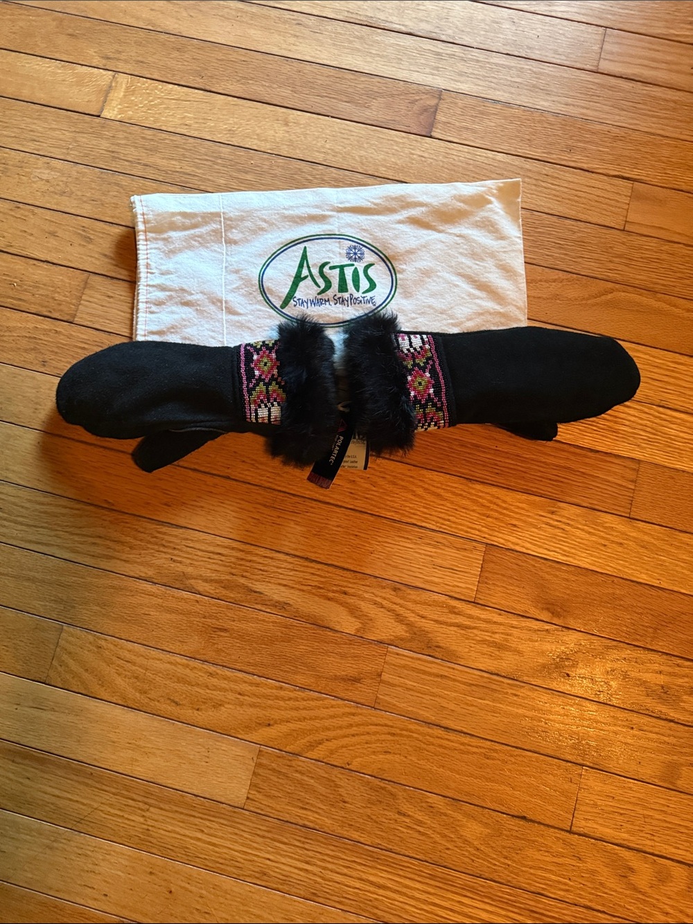 Black Mittens with Fur Trim and Patterned Cuff